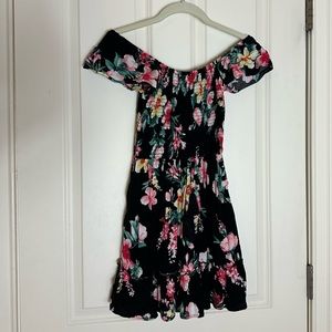 Black Tropical Yellow Pink Red Floral Ruffle Dress XS